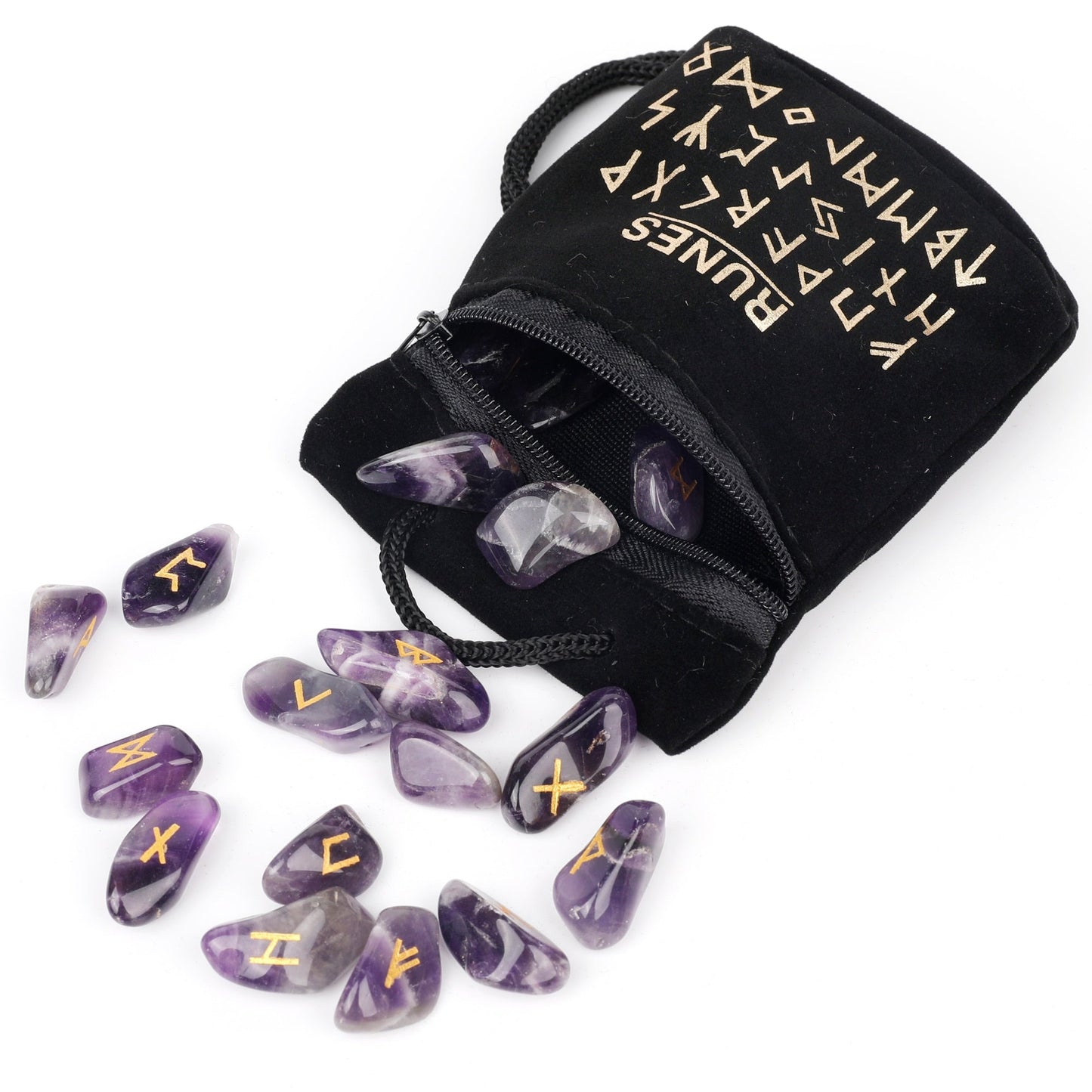 Set of twenty-five carved crystal runes laid out beside a velvet drawstring storage bag — product photo 3