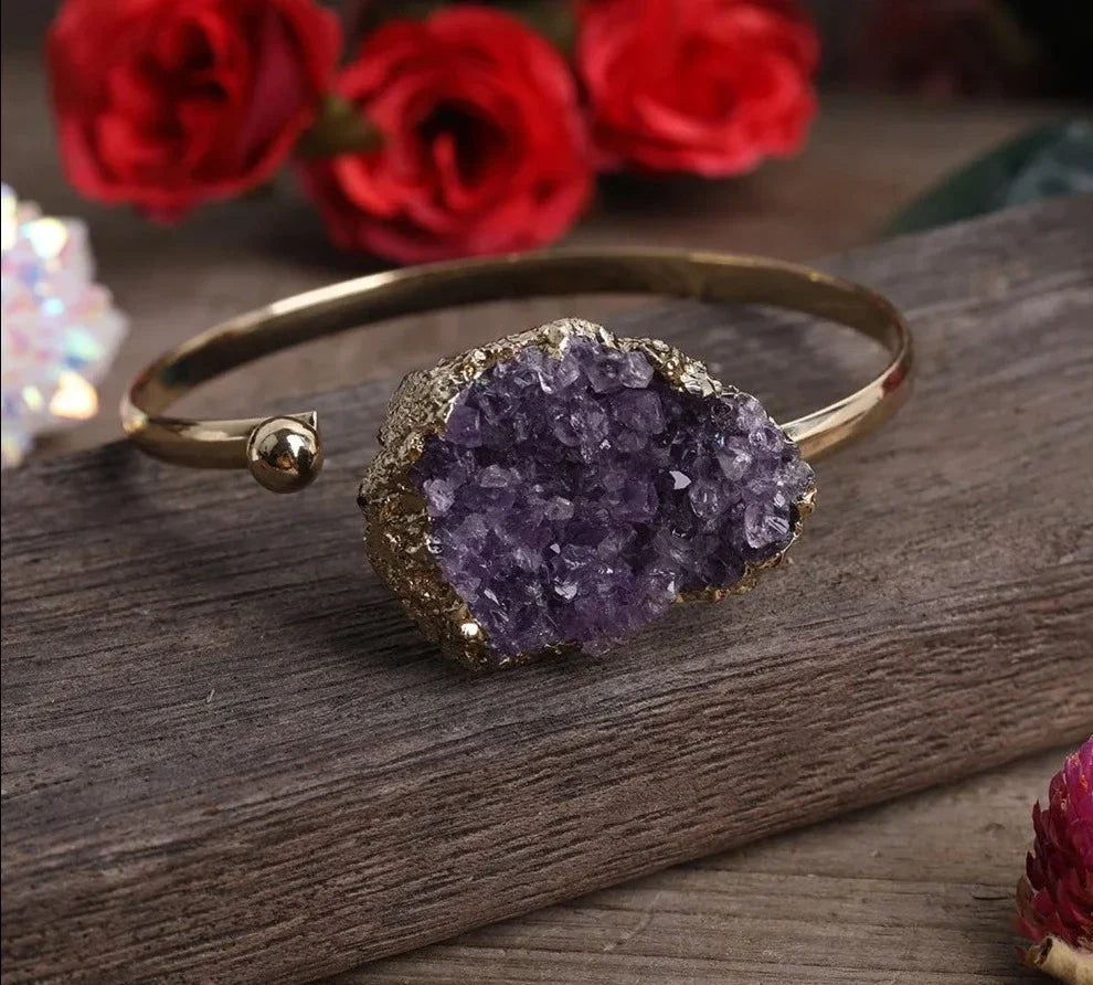 Open cuff bracelet set with an irregular raw amethyst druzy crystal — view 2 of 12