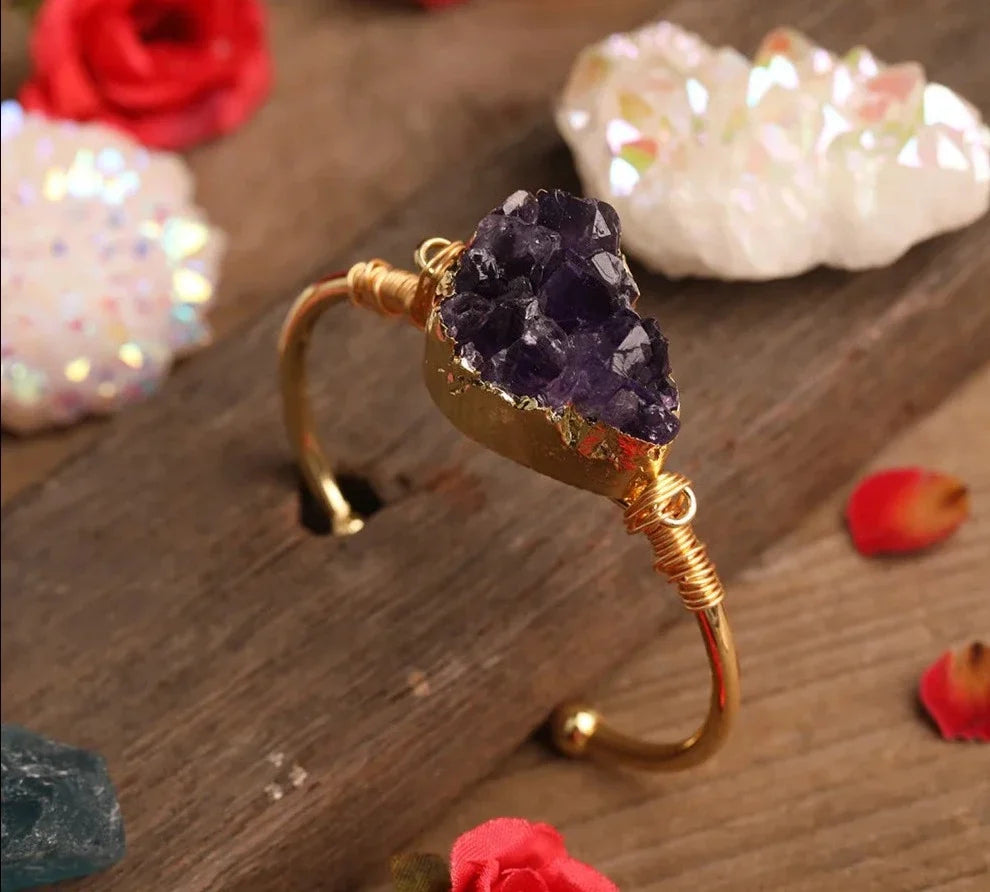 Open cuff bracelet set with an irregular raw amethyst druzy crystal — view 4 of 12
