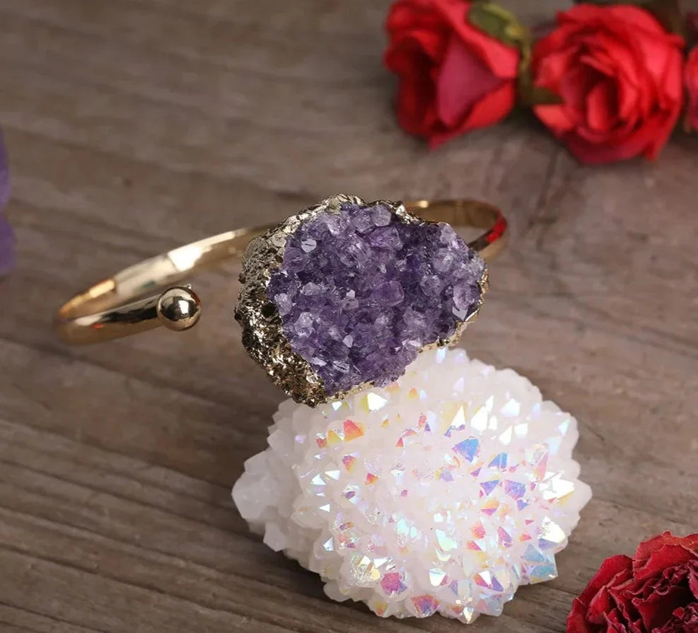 Open cuff bracelet set with an irregular raw amethyst druzy crystal — view 9 of 12