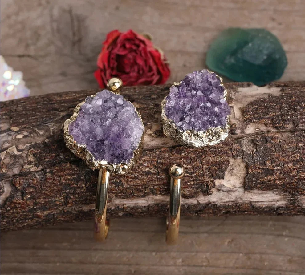 Open cuff bracelet set with an irregular raw amethyst druzy crystal — view 5 of 12