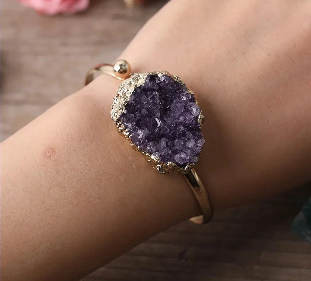 Amethyst Cuff Bracelets — Raw Druzy Bangle in Gold, Rose Gold & Silver