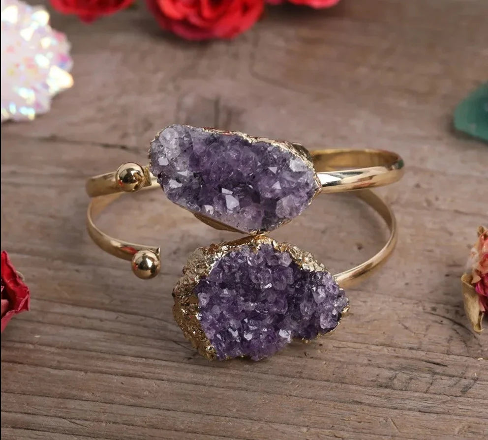 Open cuff bracelet set with an irregular raw amethyst druzy crystal — view 10 of 12