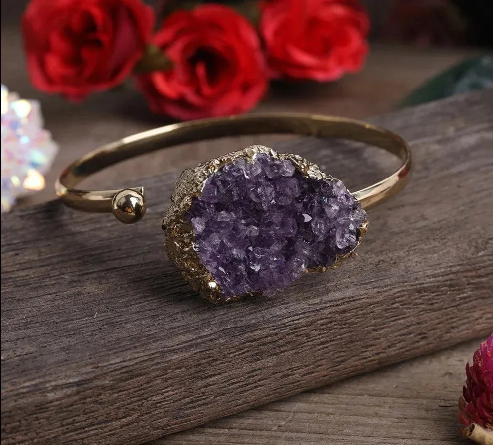Open cuff bracelet set with an irregular raw amethyst druzy crystal — view 12 of 12