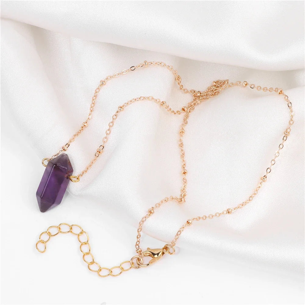Hexagonal crystal column pendant in gold-plated setting on a fine chain — view 4 of 12