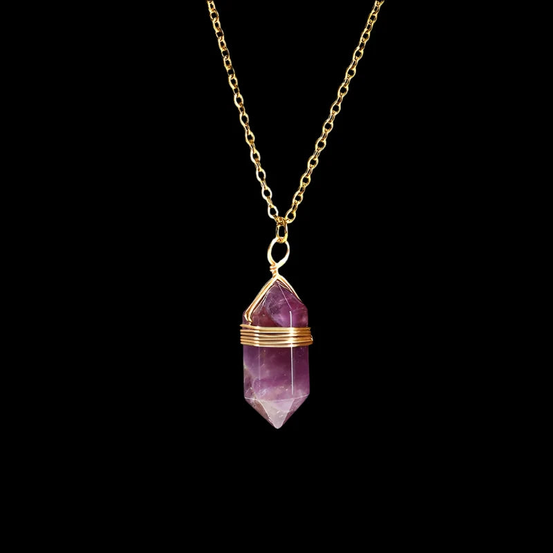 Wire-wrapped hexagonal crystal pendant in gold-plated copper on an adjustable chain — view 2 of 12