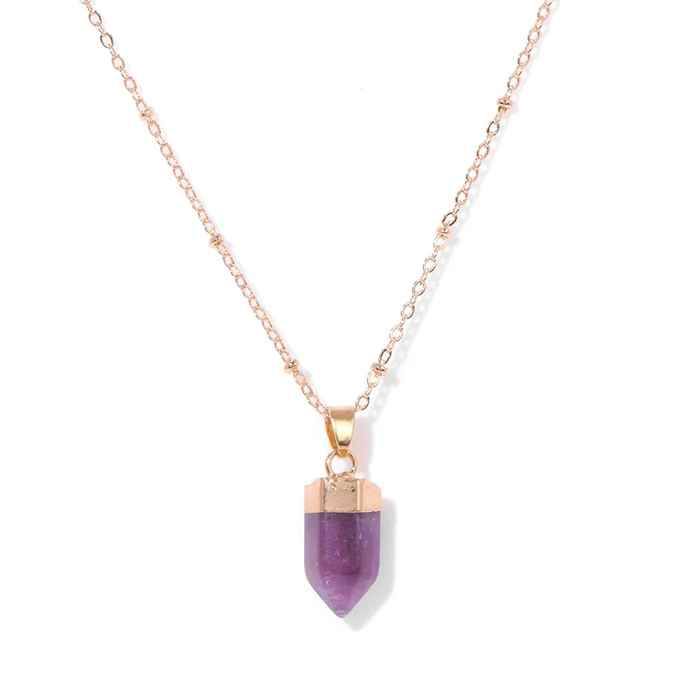 Crystal point pendant necklace with a hexagon gemstone column on a gold-tone link chain — view 14 of 20