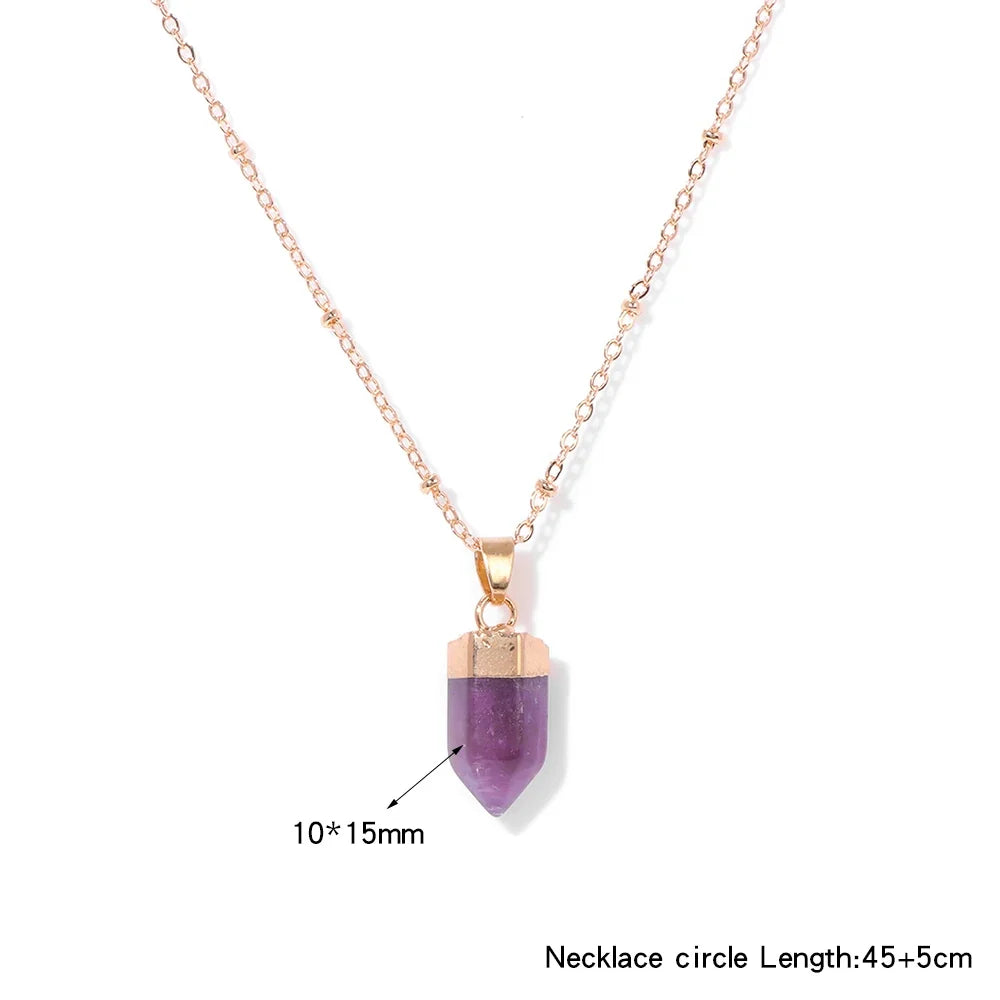 Crystal point pendant necklace with a hexagon gemstone column on a gold-tone link chain — view 17 of 20