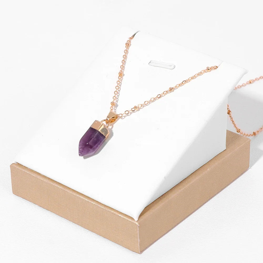 Crystal Point Pendant Necklace — Hexagon Gemstone on Gold-Tone Chain