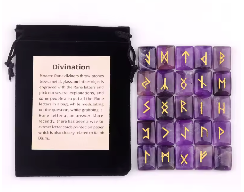 Set of rectangular crystal rune tiles engraved with runic symbols on a dark surface — view 1 of 12
