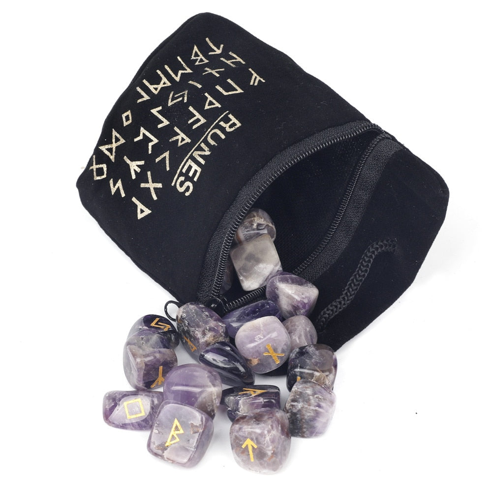 Crystal Rune Set — 25 Carved Stone Runes with Velvet Bag
