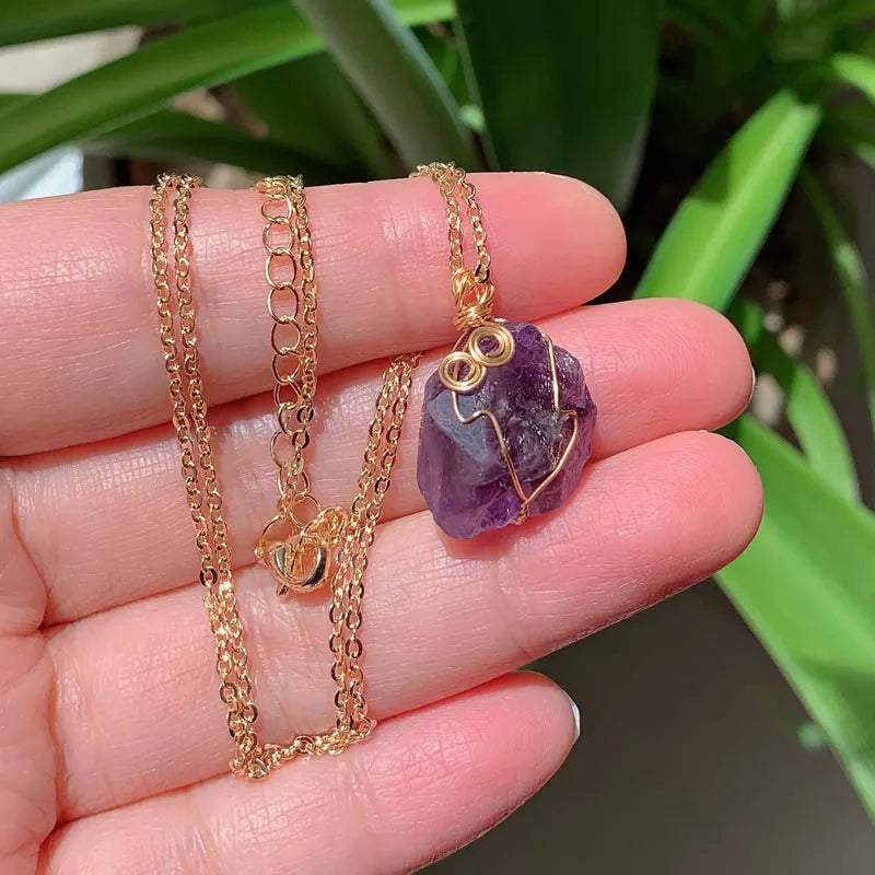 Raw wire-wrapped crystal pendant on a gold-plated stainless steel link chain — view 3 of 20