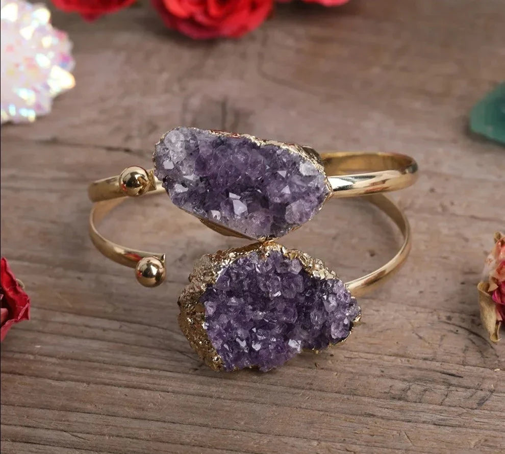 Amethyst Cuff Bracelets — Raw Druzy Bangle in Gold, Rose Gold & Silver