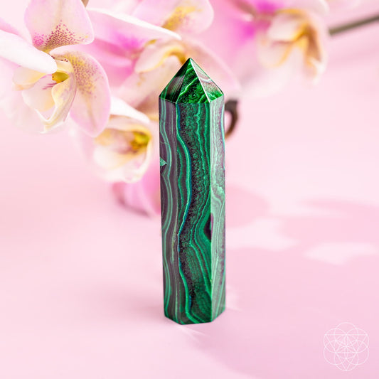 Polished Malachite crystal point with deep green swirling bands