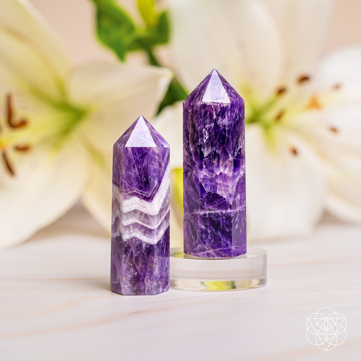 Chevron Amethyst crystal point with purple and white V-shaped bands — view 2