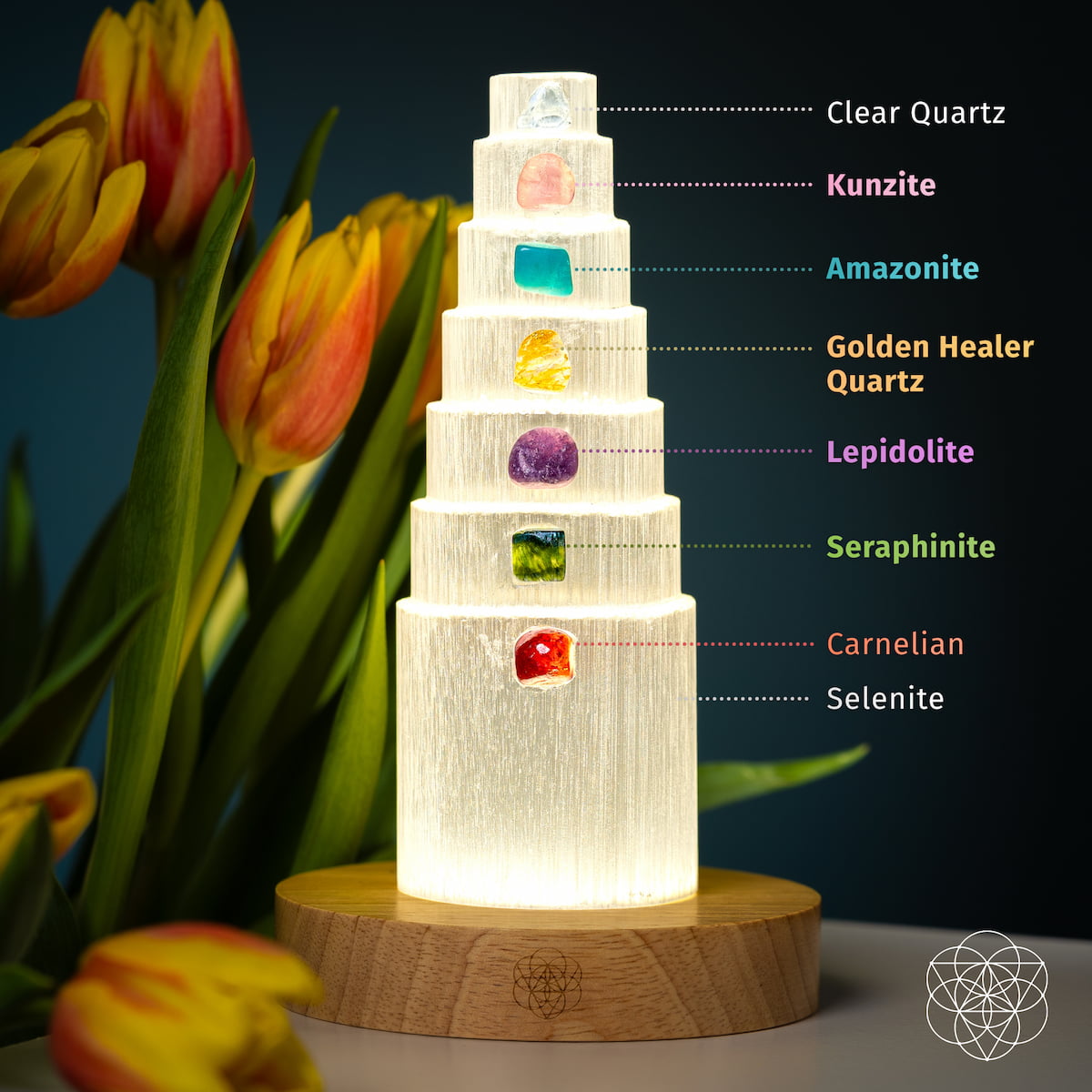 Crystal lamp with seven different colored stones glowing on a wooden base — view 2