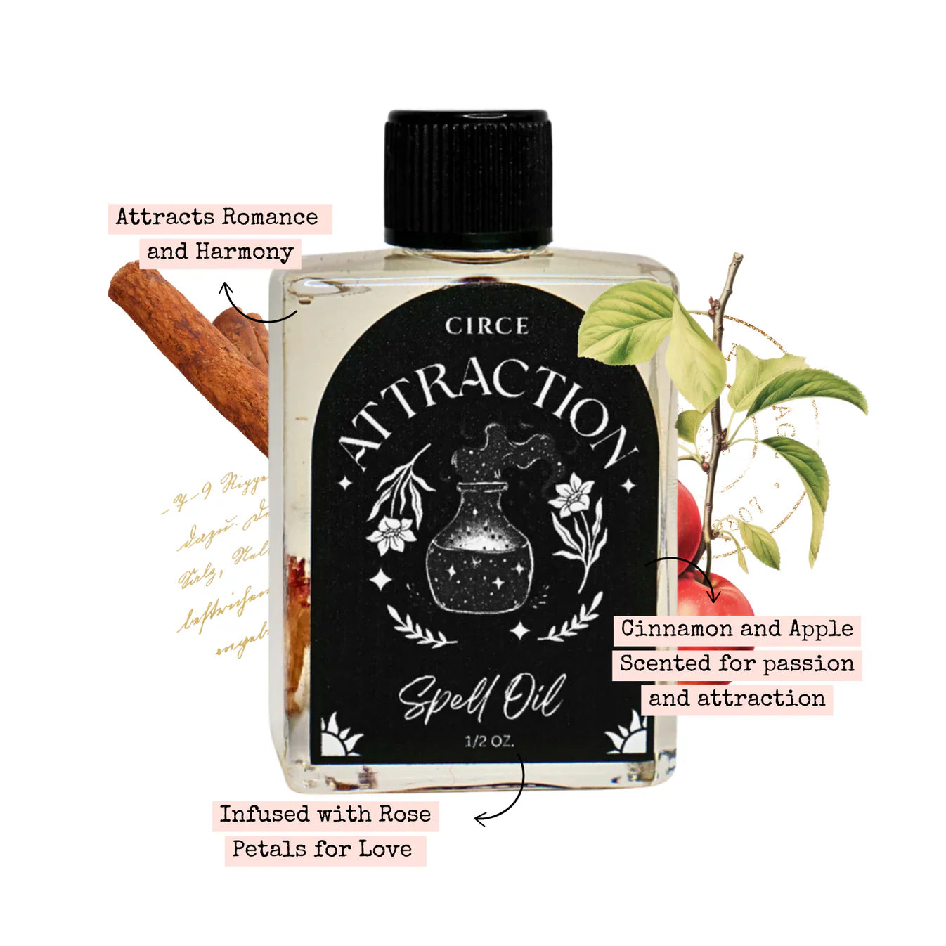 Aphrodite's love spell kit with a herbal blend jar and a half ounce attraction oil bottle, close-up detail