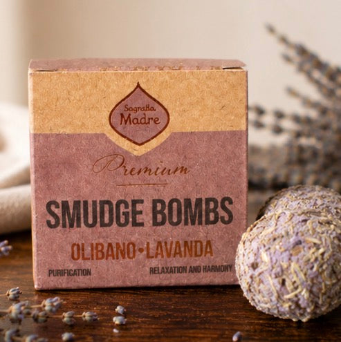 Angled view of the Smudge Bombs retail box surrounded by dried lavender
