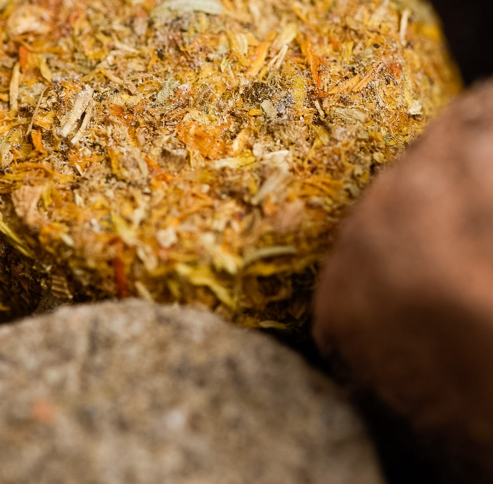 Macro of a charcoal disc covered in yellow calendula petals