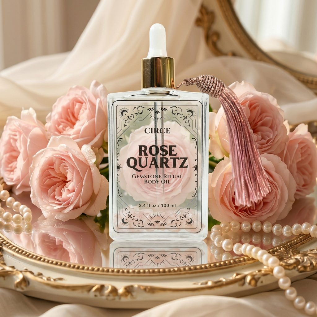 Rose quartz gemstone shimmer body oil in an apothecary glass bottle with rose quartz crystals (view 2)