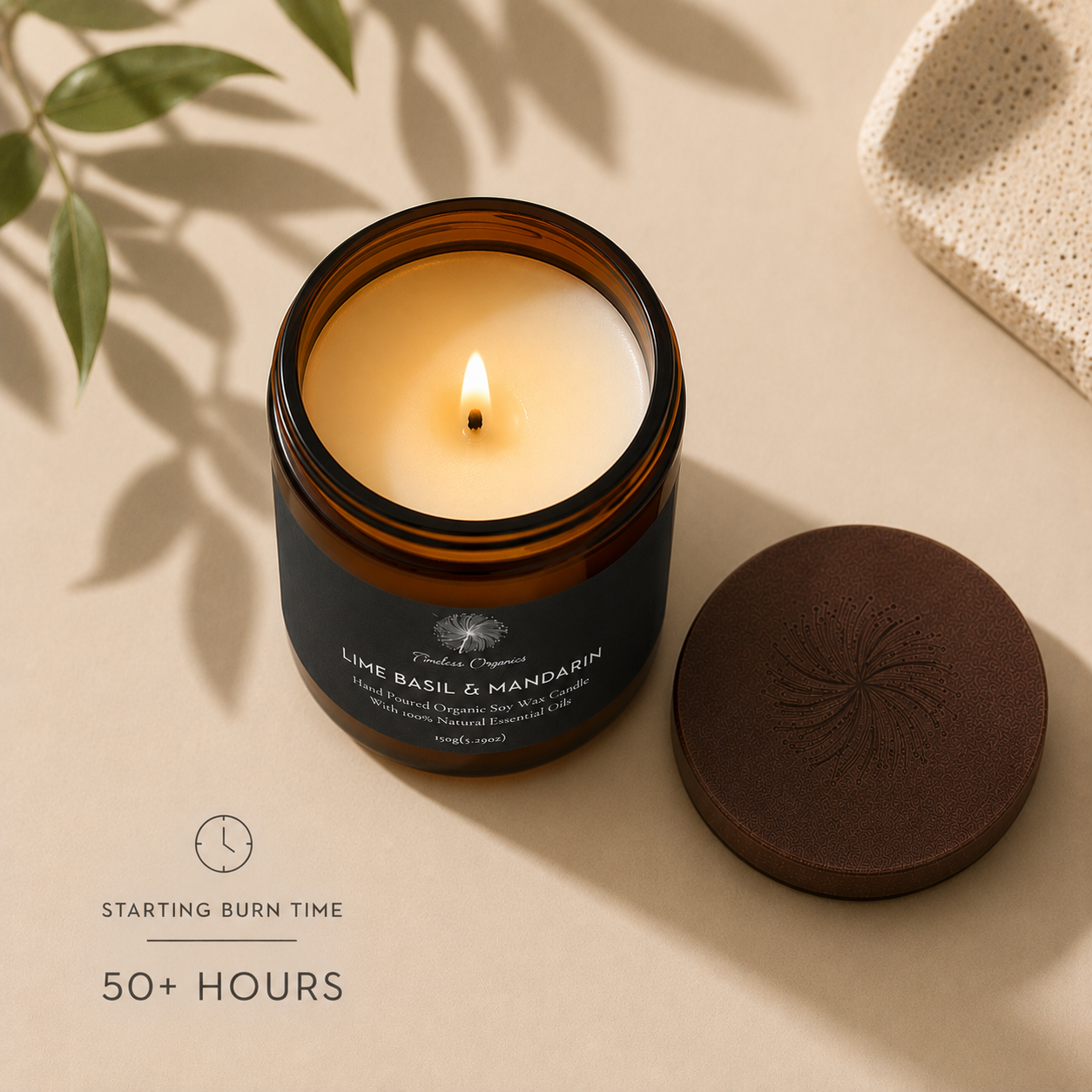 Lime, basil and mandarin hand-poured organic soy candle in recyclable amber glass — view 4