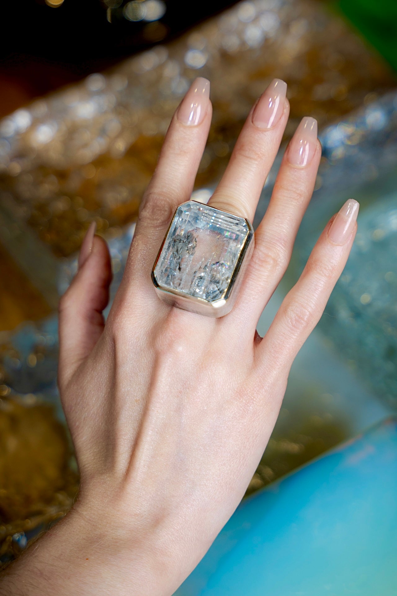 Square Goliath Ring in Striated Crystal — squared natural quartz face in a tall oxidized silver setting on a sterling silver band — view 3