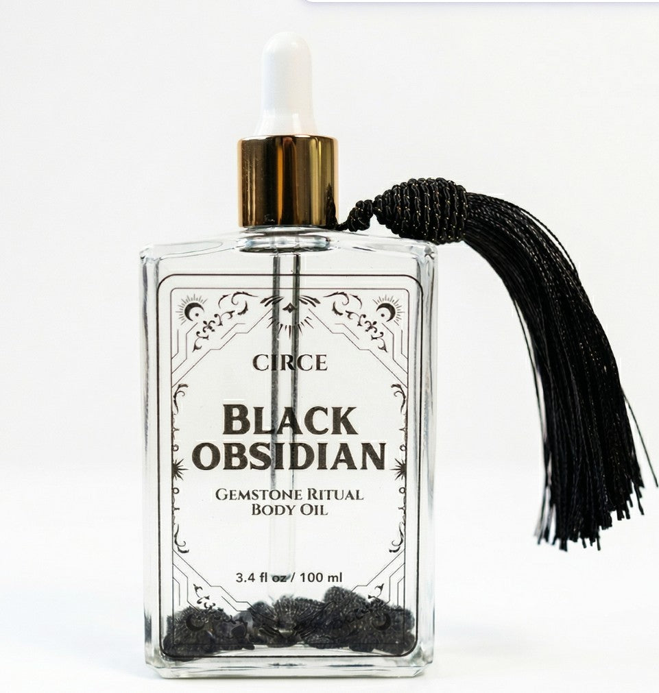 Black Obsidian Body Oil, 3.4 oz apothecary glass bottle.