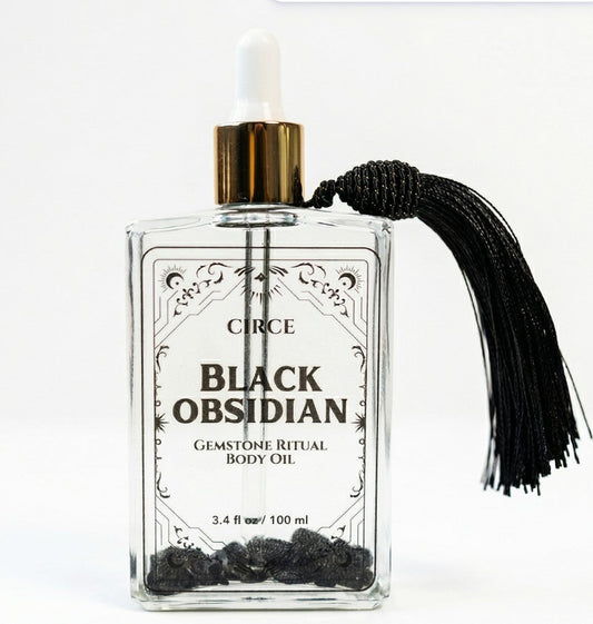 Black Obsidian Body Oil, 3.4 oz apothecary glass bottle.