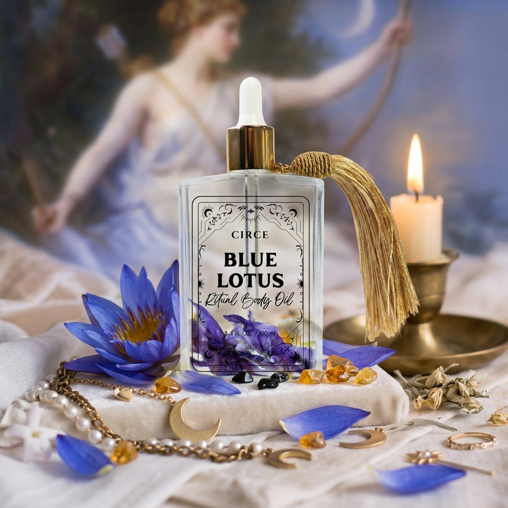 Close-up of the Blue Lotus Ritual Body Oil label.