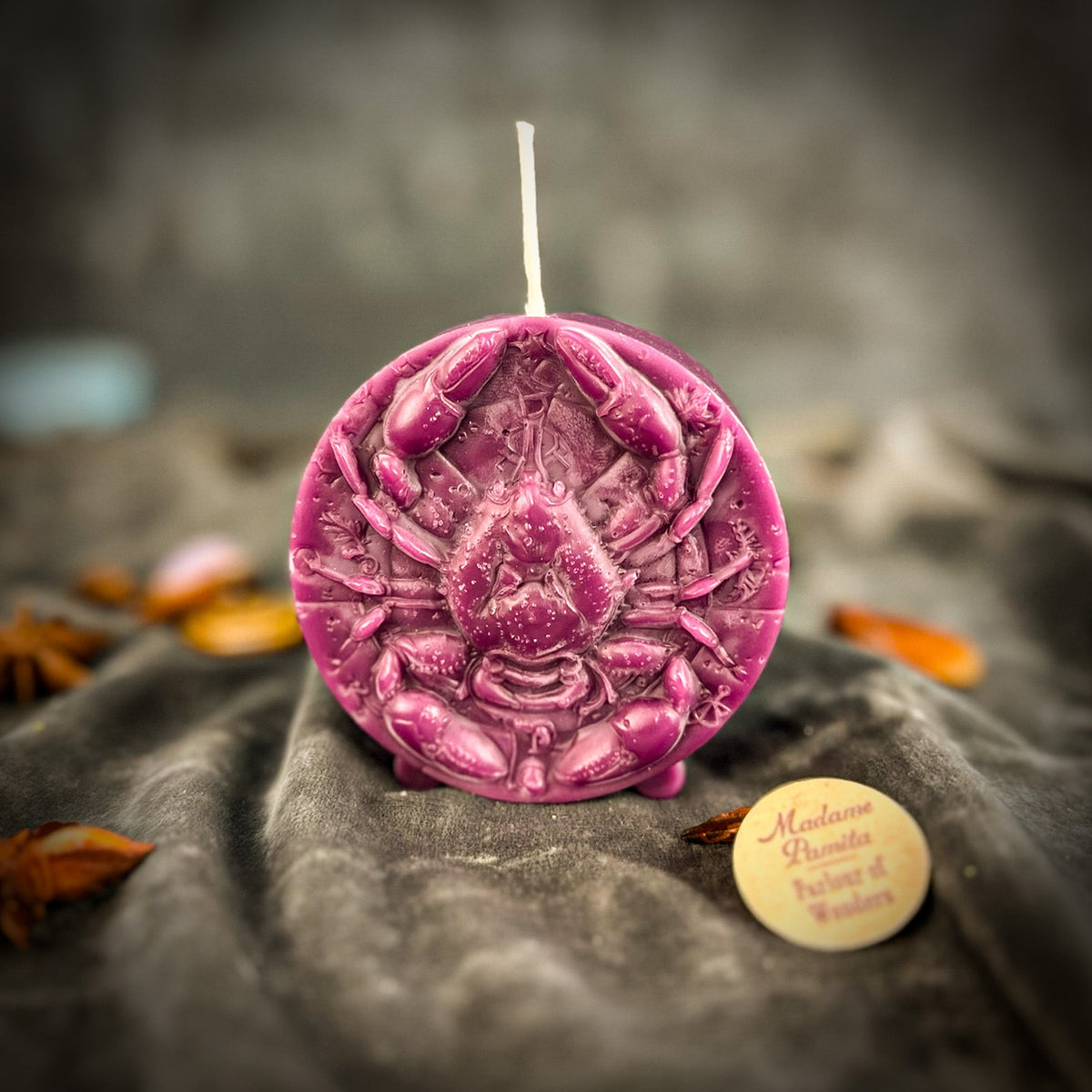 Cancer Crab zodiac spell candle in purple on draped gray fabric