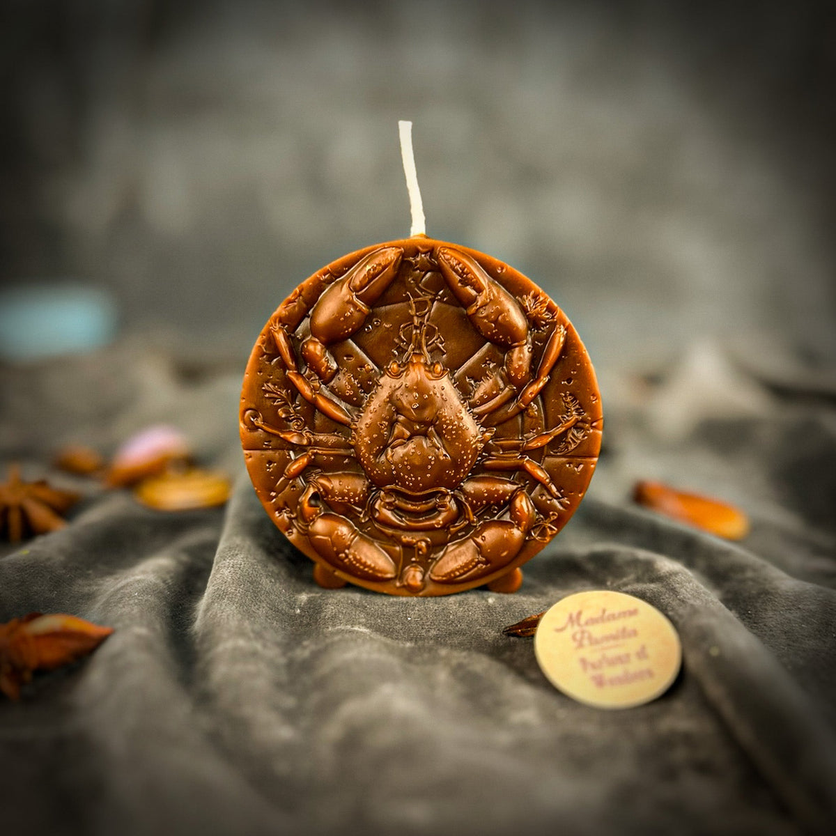 Cancer Crab zodiac spell candle in brown on draped gray fabric