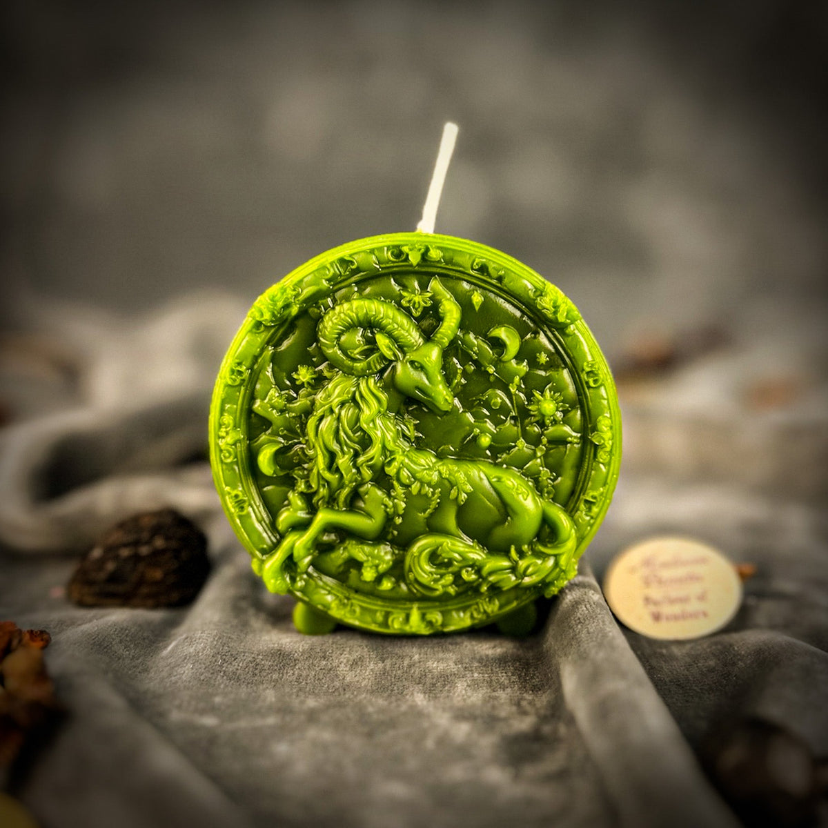 Green beeswax Capricorn Goat zodiac spell candle for ambition and career success
