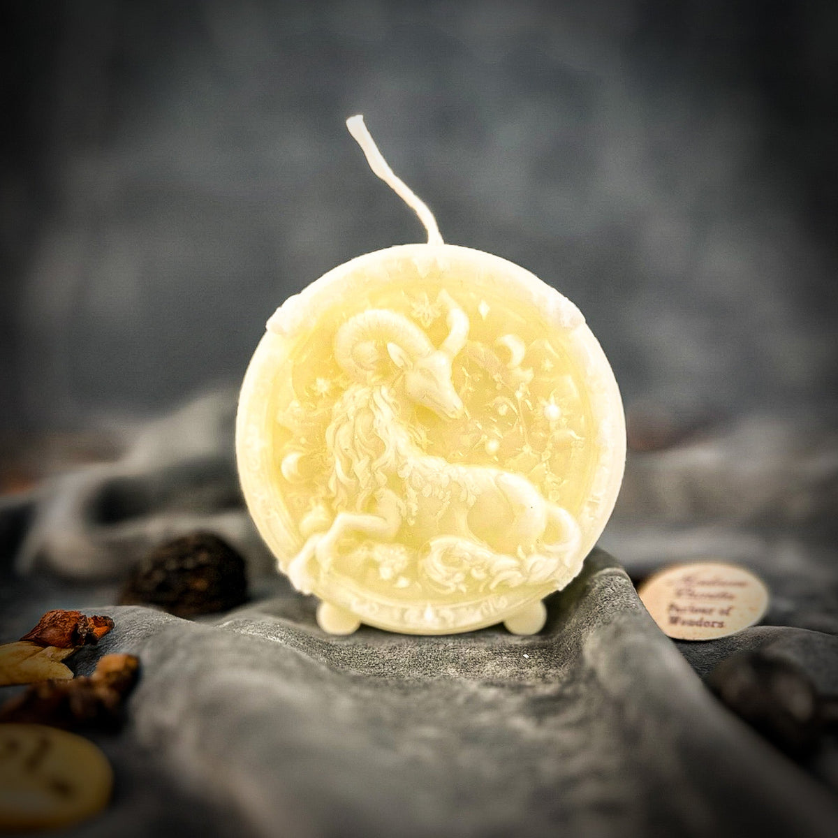 White beeswax Capricorn Goat zodiac spell candle for ambition and career success
