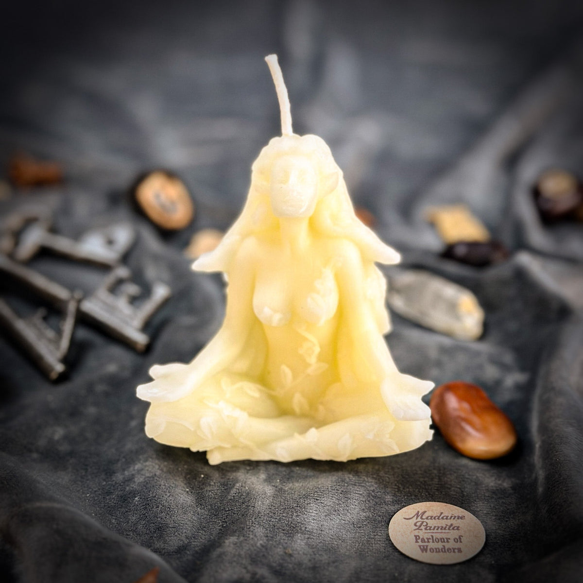 White beeswax Forest Fairy spell candle for nature spirit and fae magic