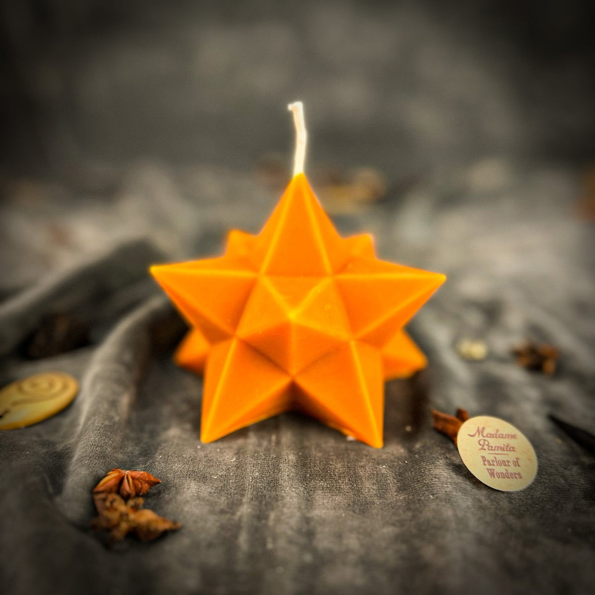 Orange beeswax Pentagram Merkaba spell candle for protection and ascension work