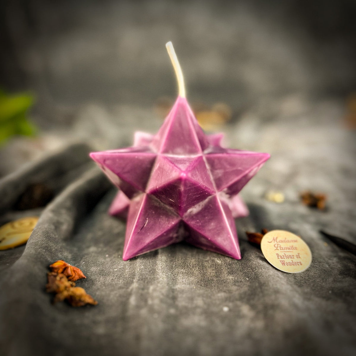 Purple beeswax Pentagram Merkaba spell candle for protection and ascension work