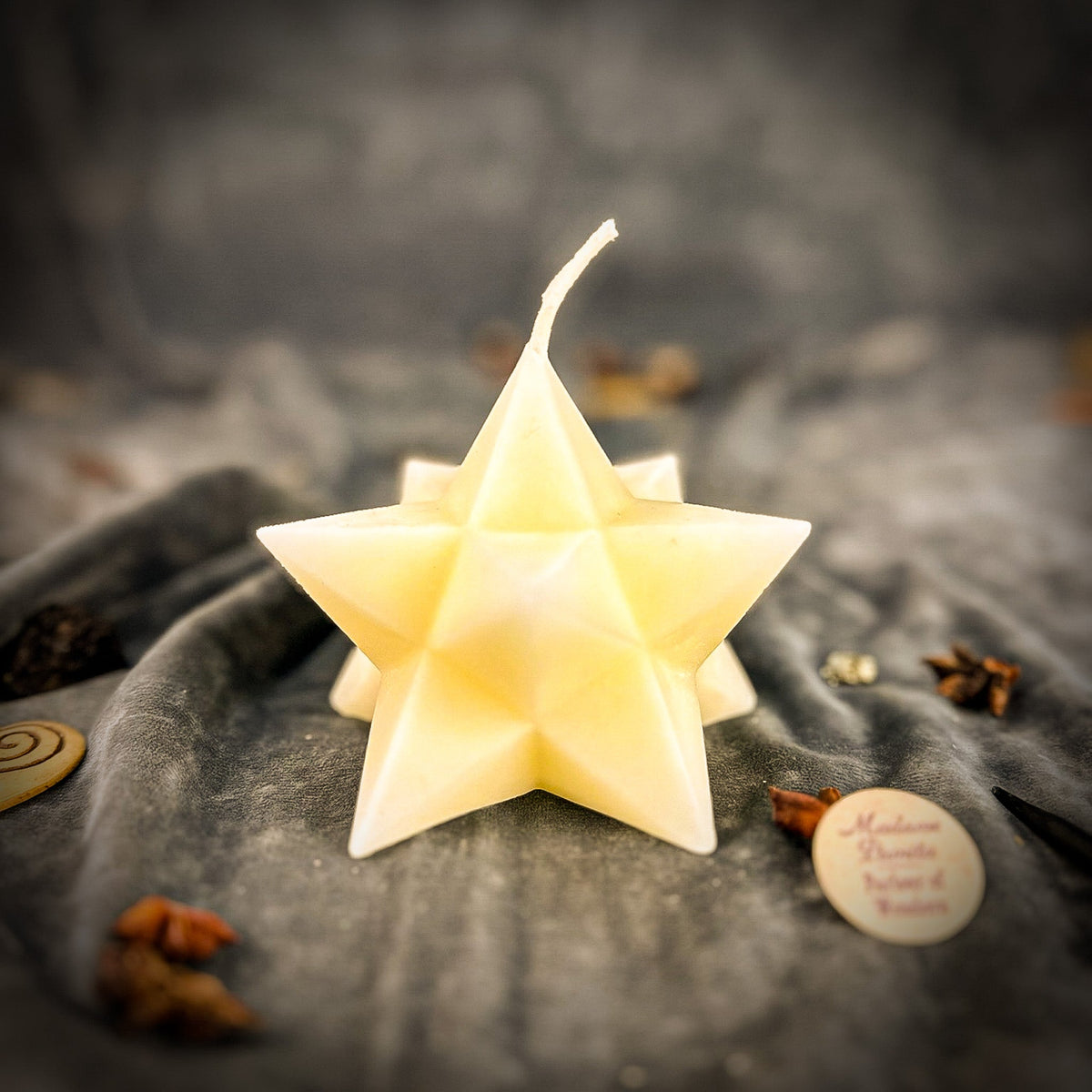White beeswax Pentagram Merkaba spell candle for protection and ascension work