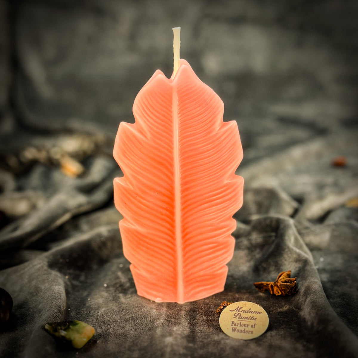 Coral leaf-shaped candle on gray velvet, its serrated edge and central rib clearly molded