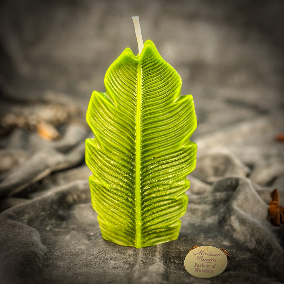 Lime green leaf-shaped candle on gray velvet, the Madame Pamita Parlour of Wonders token resting in front