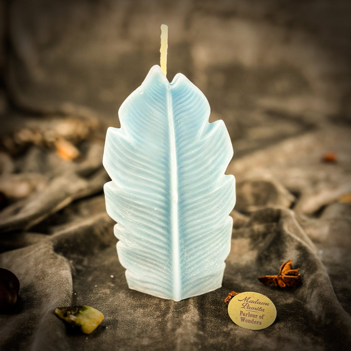 Pale blue leaf-shaped candle on gray velvet with star anise scattered at its base