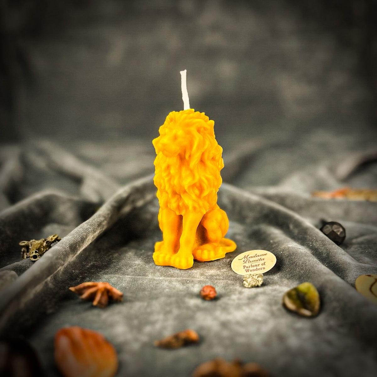 Proud Lion beeswax candle in yellow on draped gray fabric with herbs and stones