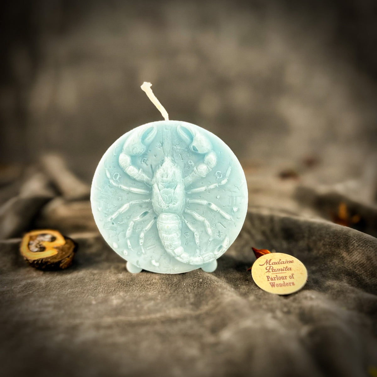 Pale blue Scorpio medallion candle with a long white cotton wick.