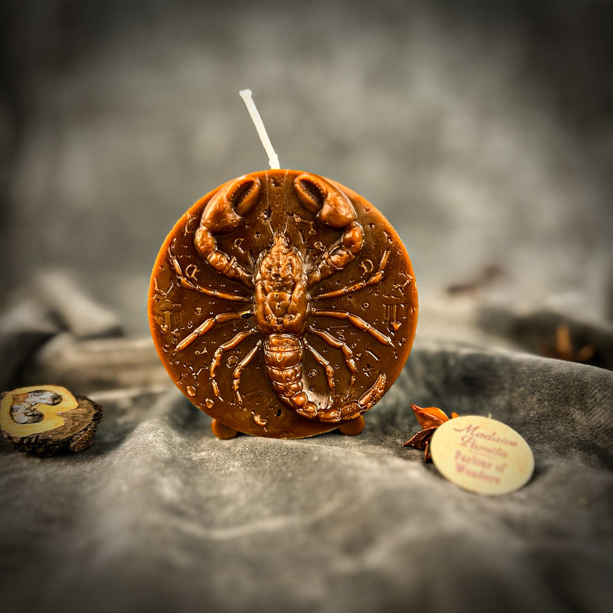 Red-brown Scorpio medallion candle, the zodiac glyphs legible around the border.