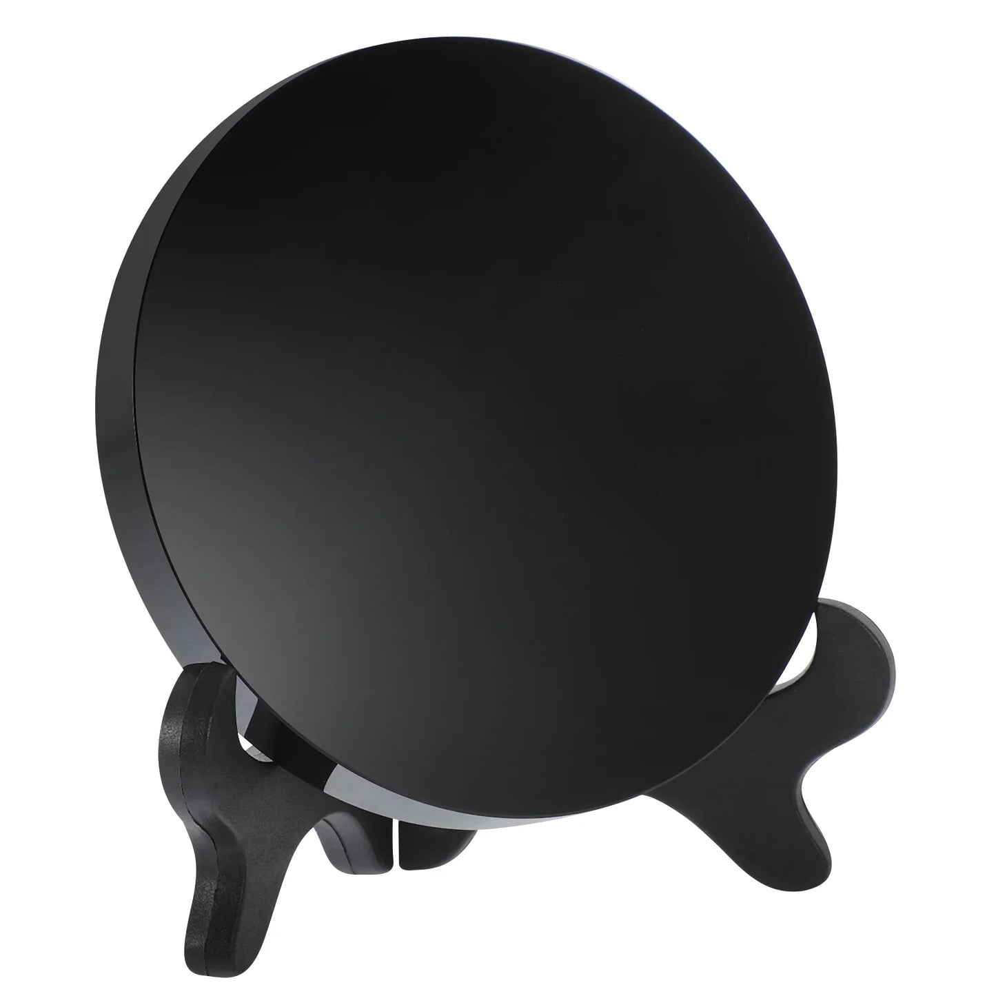 Round polished black obsidian scrying mirror resting on its base stand — view 1 of 11