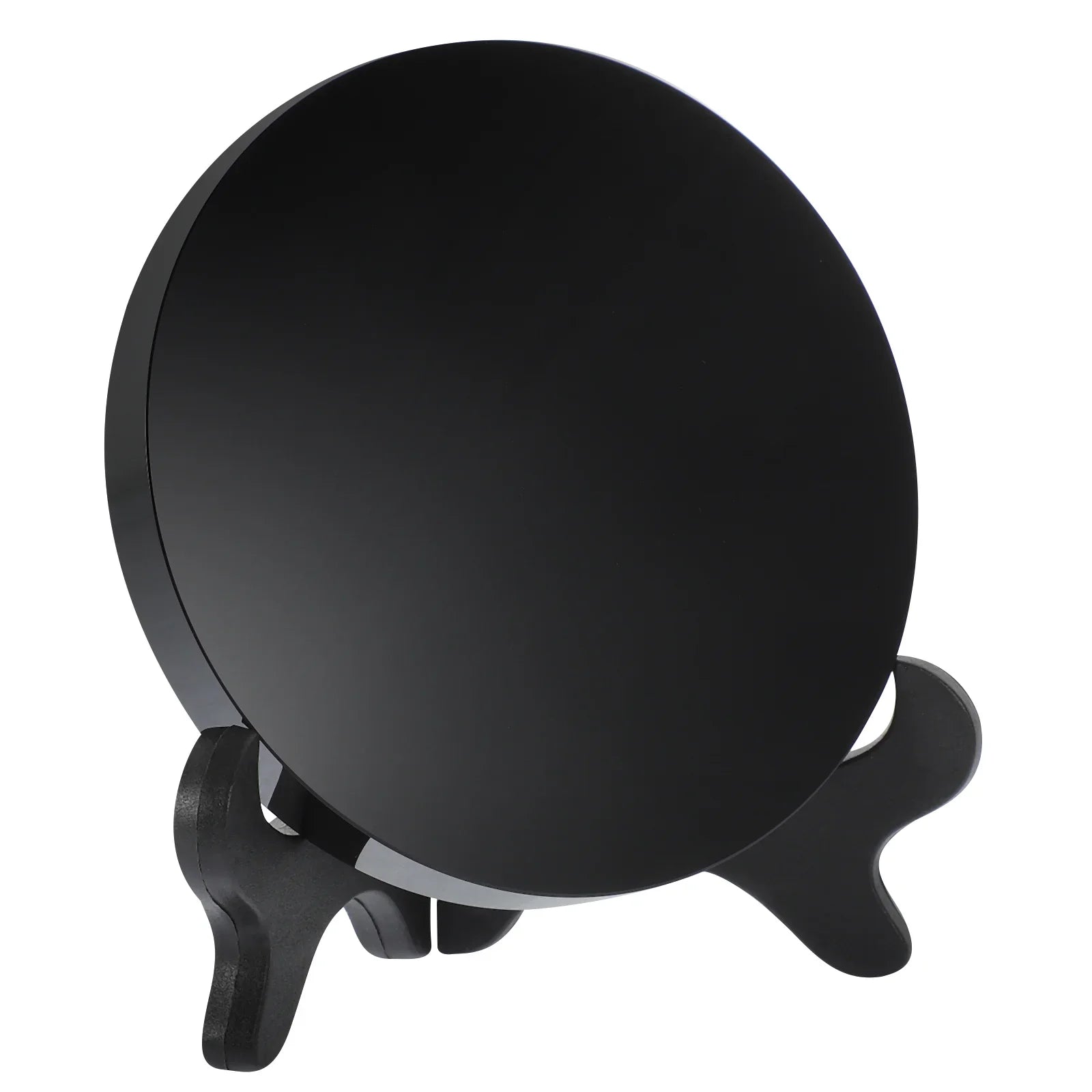 Round polished black obsidian scrying mirror resting on its base stand — view 1 of 11