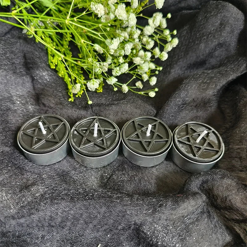 Beeswax tea light candle embossed with a pentacle symbol — view 3 of 12
