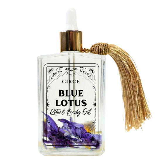 Blue Lotus Ritual Body Oil, 3.4 oz apothecary glass bottle.