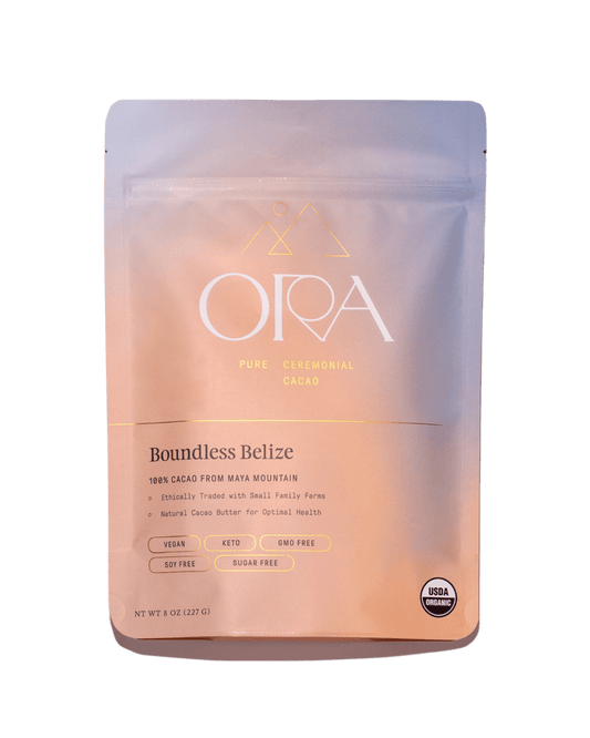 Front of the Ora Boundless Belize ceremonial cacao pouch with cacao discs