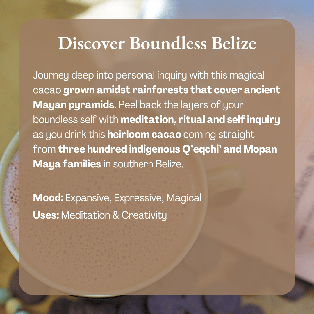 Discover Boundless Belize information card describing the origin, mood and suggested use of the cacao over a photo of a filled cup