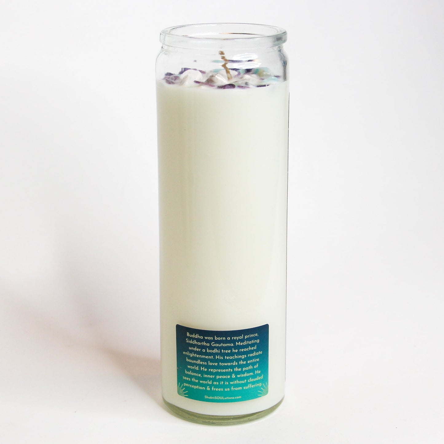 Buddha Crystal Altar Candle in a 16 oz glass tumbler with an image of the Buddha on the label and pale crystals set into the wax — product photo 3